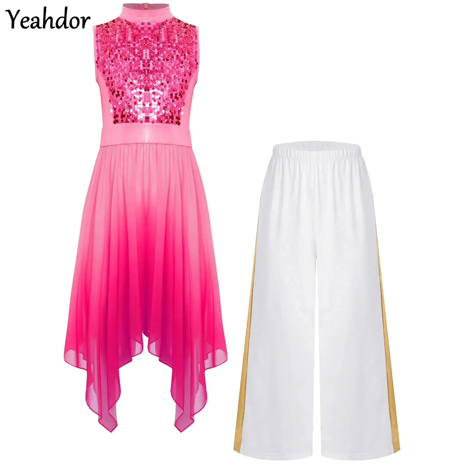 

Kids Girls Liturgical Praise Dance Outfit Sleeveless Sequin Ballet Lyrical Tunic Church Choir Worship Dress +Wide-Leg Pants Sets