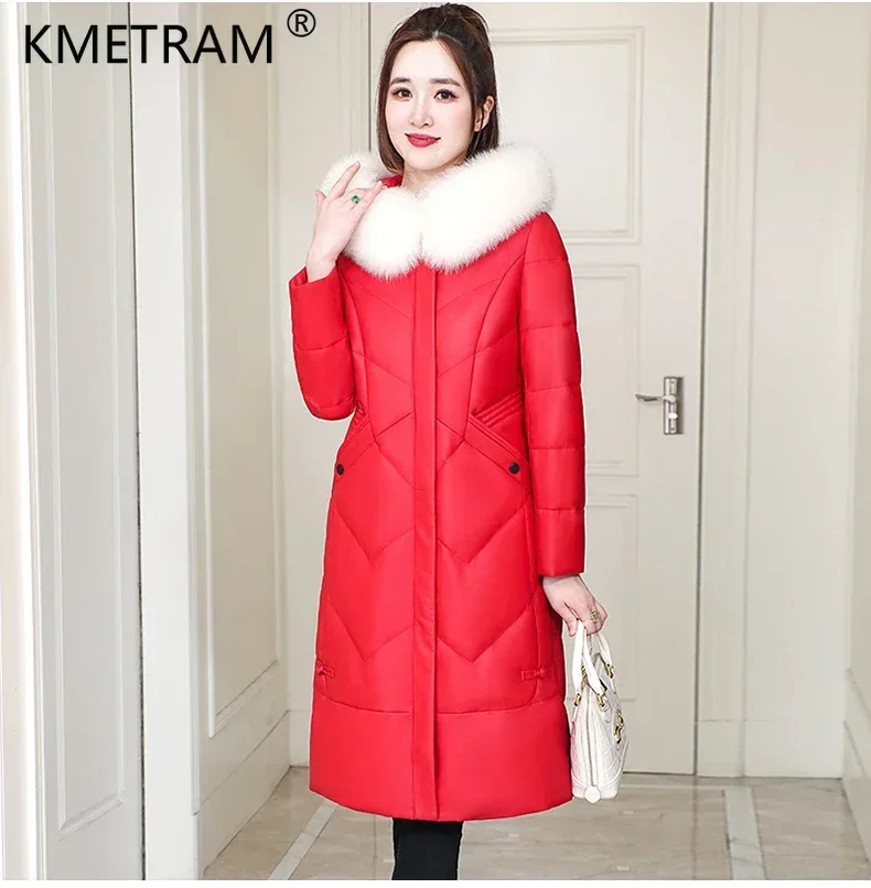 Echter Schaffell Leder Trenchcoat für Frauen Winter lange Daunen mäntel Luxus Fuchs Pelz kragen Kapuze Lederjacke Wind jacke