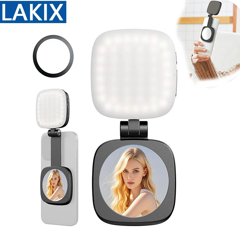 Selfie Ring Light with Mirror Portable Magnetic LED Video Photography Light Rechargeable for Smartphones Tablets