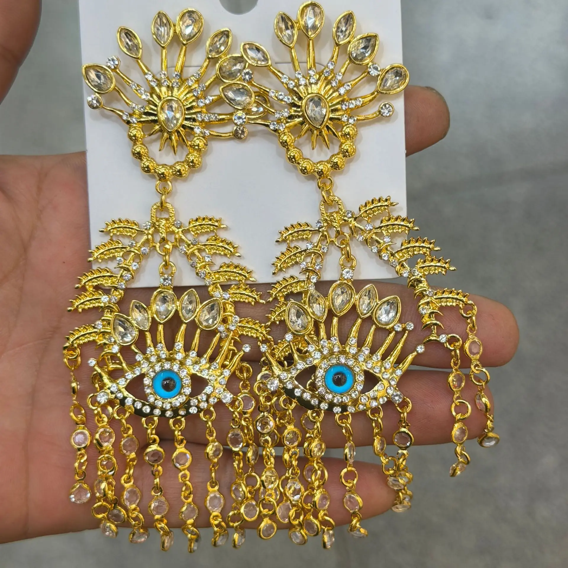 Heavy Industry Exaggerated Devil's Eye Flash Diamond Chain Waterfall Tassel Earrings Fashion Light Luxury High-end Earrings Wome