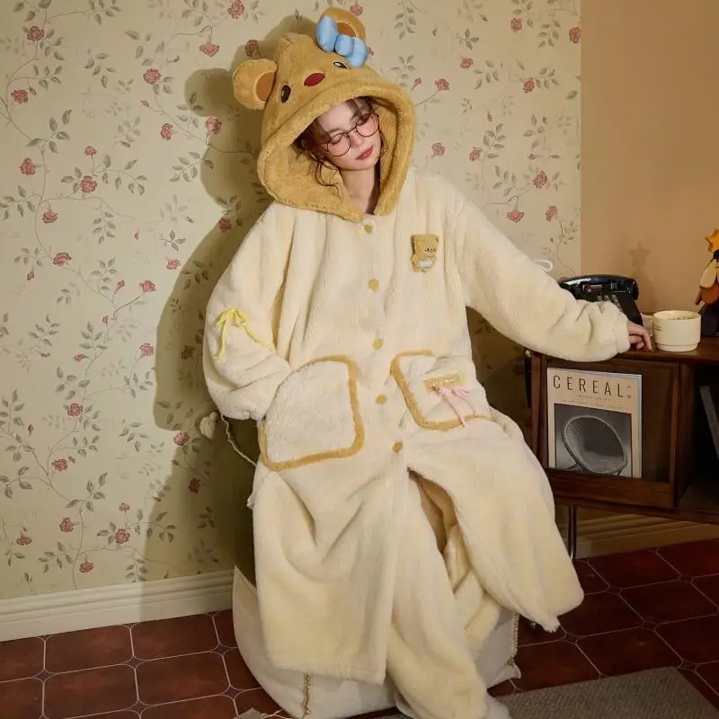 

Women's Pajama Set Autumn Winter Coral Velvet Thickened Plush Home Clothes Girl Student Cute Female Long Loungewear Sleepcoat