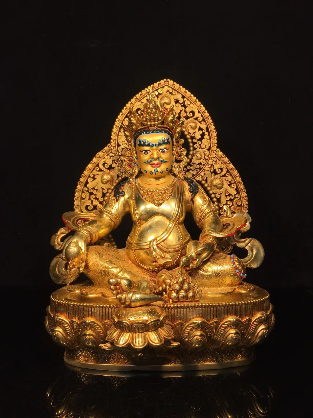 

Tibetan Nepalese Brass Gilt Backlit Painted Face Painting Yellow God of Wealth Ornament Home Buddhist Hall Large Supplies 35cm