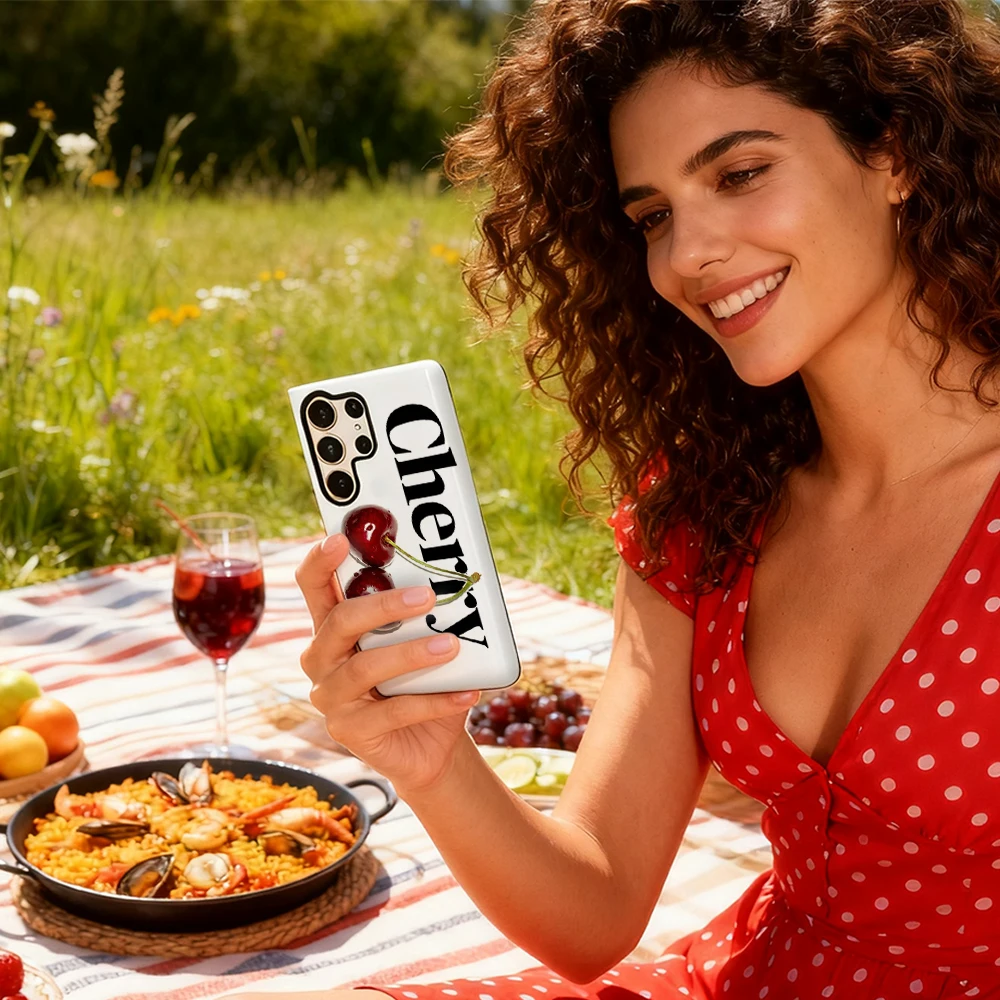 Fresh Cherry Pop Handyhülle für Samsung Galaxy S25 Ultra S24 S23 Ultra Plus, glänzende doppellagige Rückseite