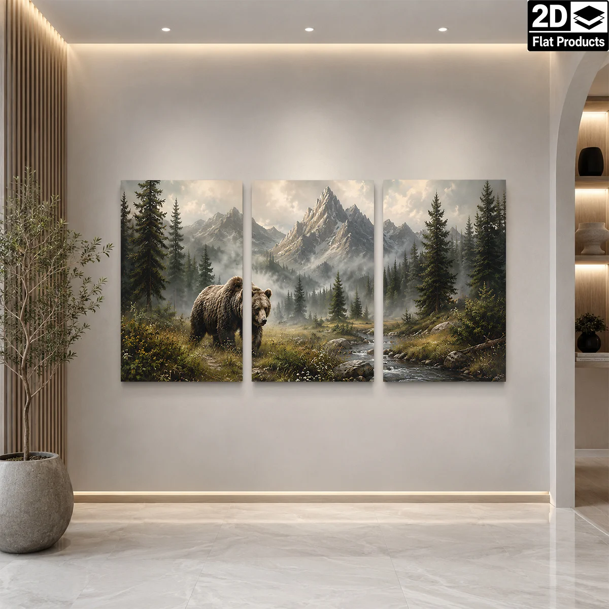 Frameless 2D Flat 3PCS - A Brown Bear In A Forest With Mountains And A Stream Under A Cloudy Sky Themed Canvas Wall Art, Wate