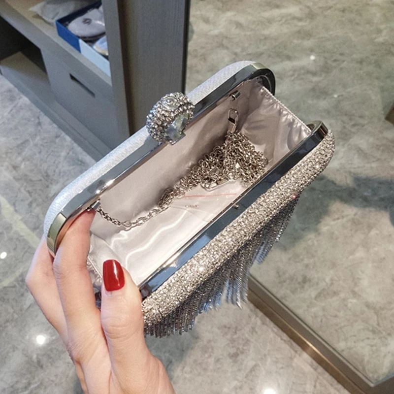 Rhinestone Wedding Purse Women\'s Evening Clutch Bag Luxury Design Women Handbag Silver Small Tassel pouch Chain Shoulder Bag 이브닝