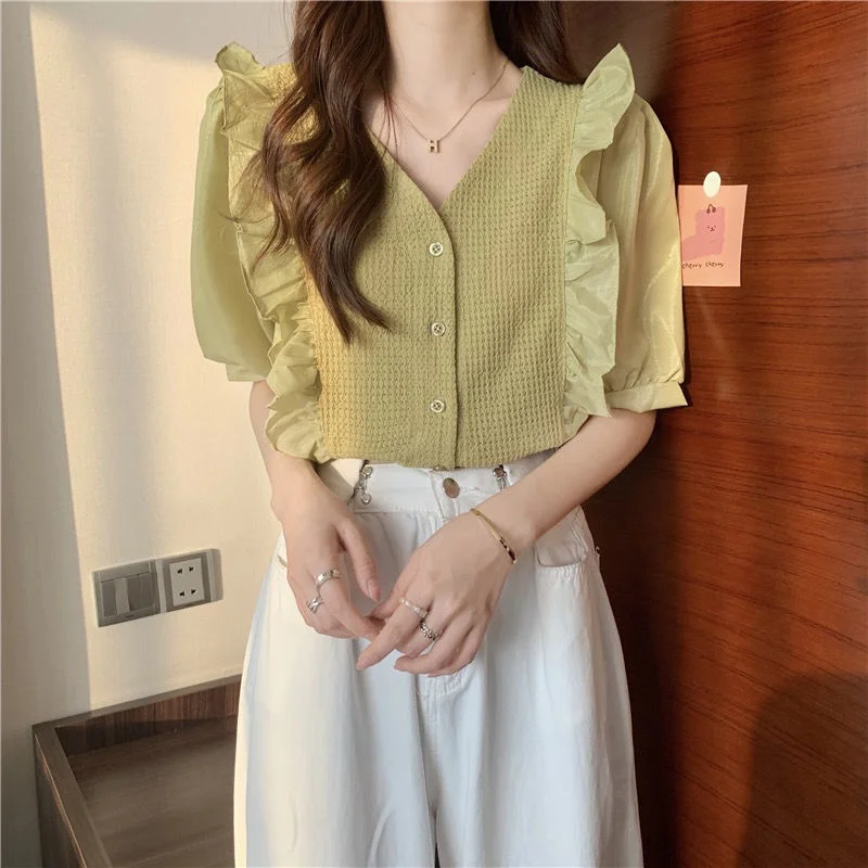 

Puff Sleeve Shirts Women Ruffles Korean Style Fashion Summer Loose Casual Solid All-match V-neck Elegant Office Lady Popular Ins