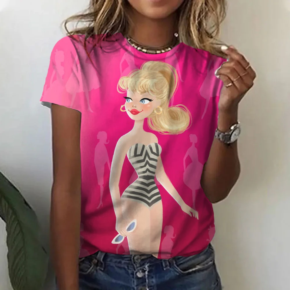 2024 New Women's Round Neck T-Shirt Short Sleeve Barbie Spring and Summer Cartoon Print Genuine Cute Loose Simple Style T-Shirt