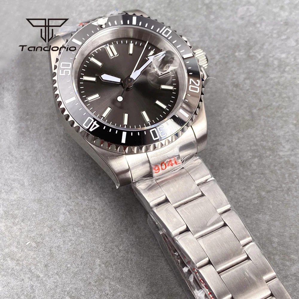 Tandorio Gray Sunburst Automatic NH35 Date Men\'s 40mm Mechanical Watch Sapphire Dive Stainless Steel Wristwatch Luminous Sterile