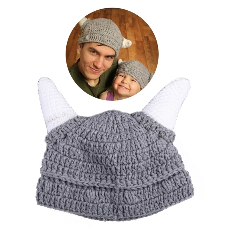 Parent-Child Winter Hat Retro Beanie  Vintage Knit Funny 3D Box Horn Hip Hop Halloween Barbarian Viking Skullcap