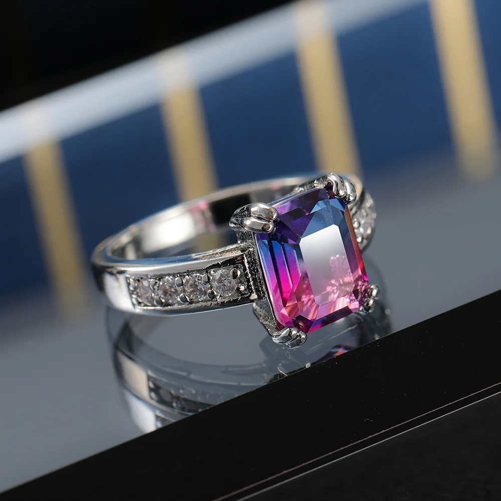 Eternity Crystal Rings For Women Seven Colors Amethyst Ring Natural Moissanite Silver Color Ring For Wedding OL Jewelry Gifts