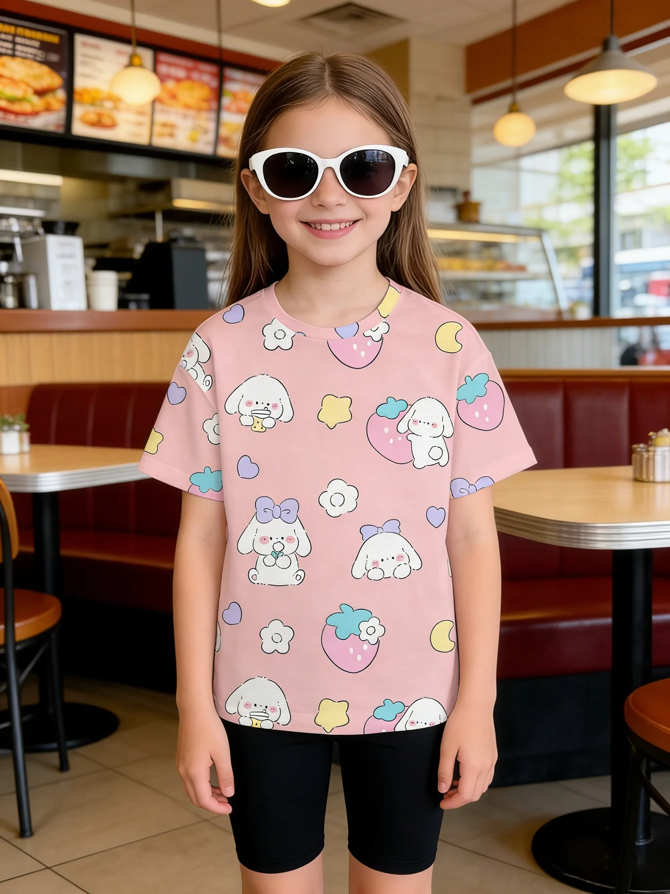 

2026 розовая мягкая футболка с короткими рукавами и милым кроликом, клубникой и принтом Love для девочек, повседневный топ