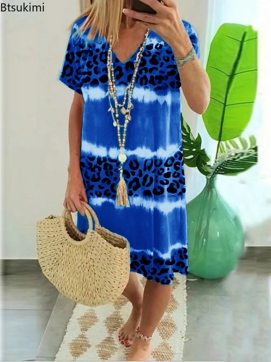 

2024 Summer New Loose Casual Dresses for Women Fashion Leopard Print Short Sleeve Beach Vacation Dress Females Mid-length Dress