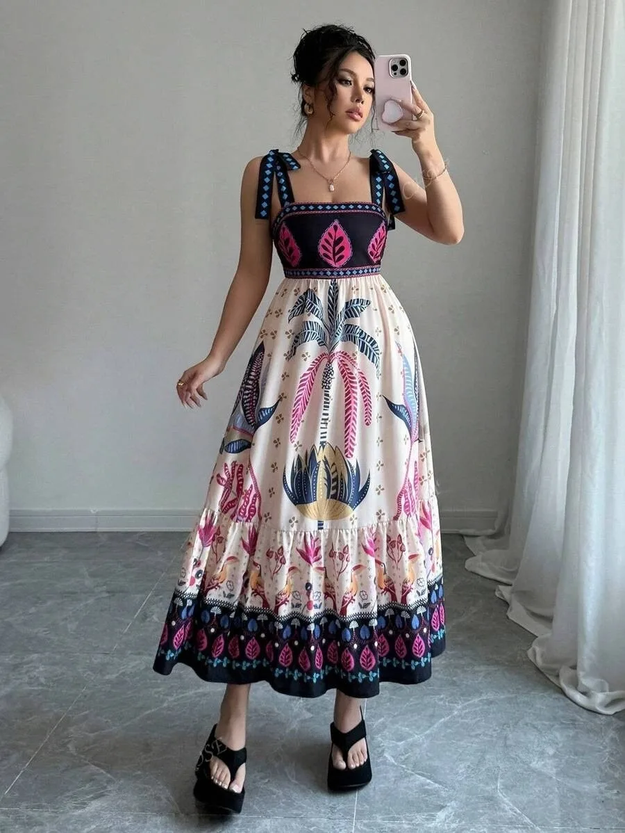 Sukienka na szelkach w stylu boho z nadrukiem, seksowna, z odkrytymi ramionami, elastyczna, z wysokim stanem, z szerokim dołem, długa, codzienna, wakacyjna odzież damska.