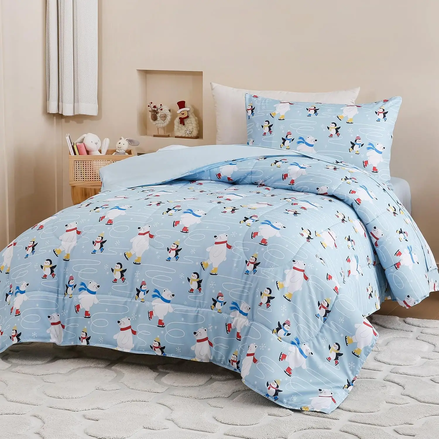 

Twin Comforter Set for Kids, 4-Piece Bed-in-a-Bag, Ultra Soft All-Season Sheets with Penguin Skiing Design
