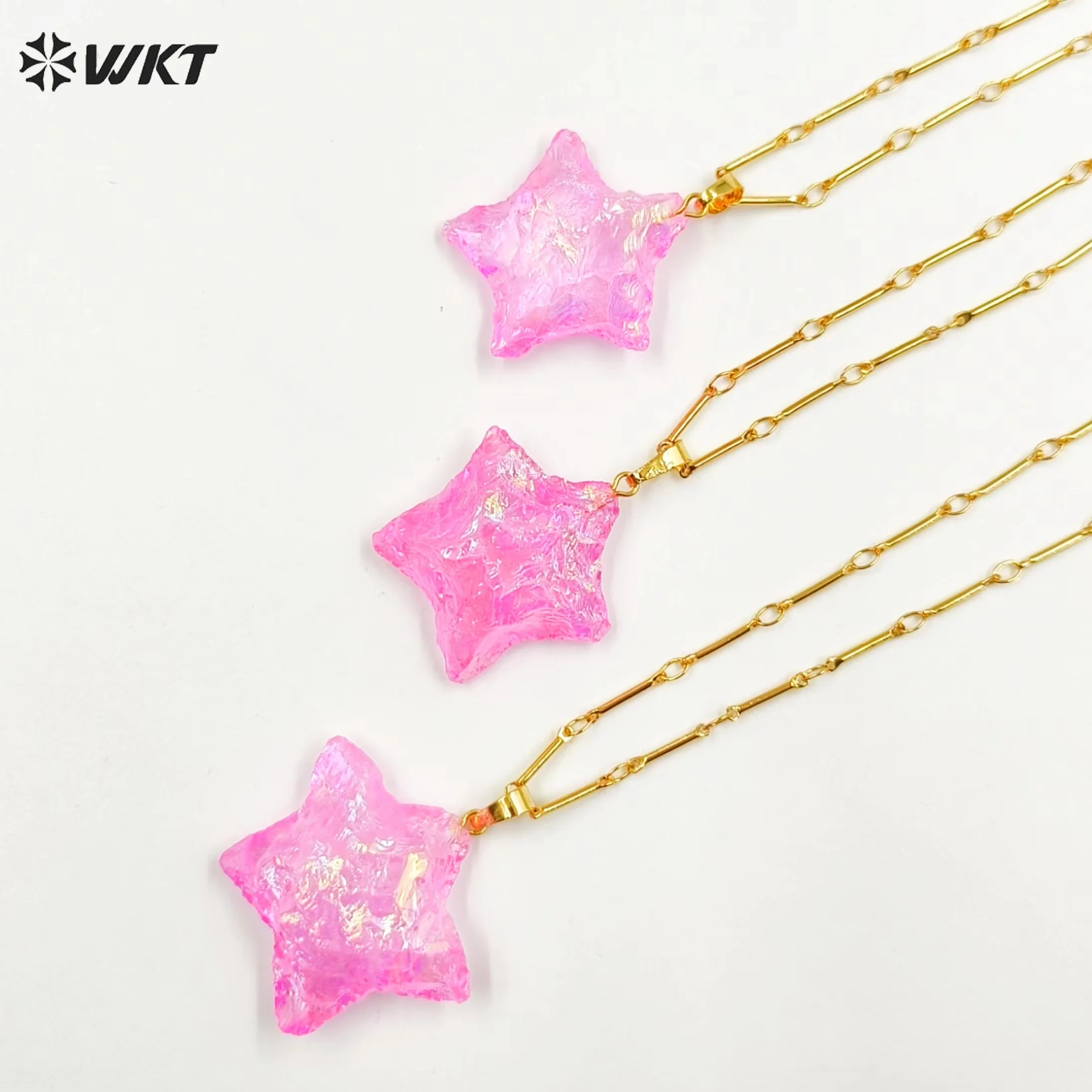 WT-N1346 WKT Best Selling 2023 Newest Natural Pink Crystal Necklace Star Shape Pendant Chains Jewelry Findings Gift For Women