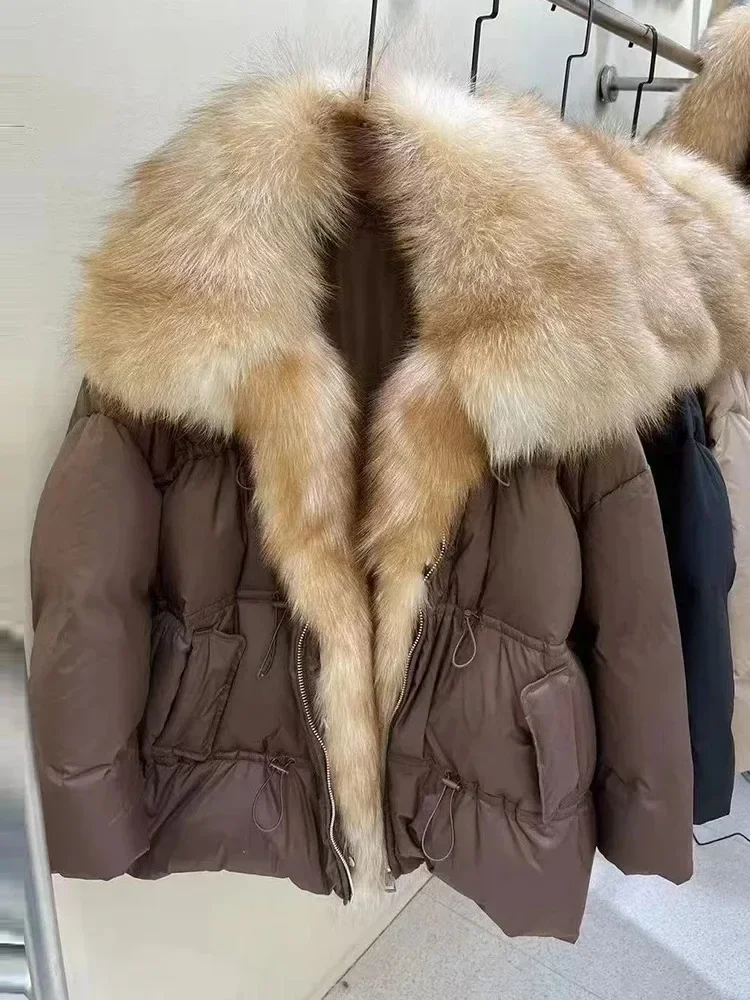 OFTBUY Piumino corto da donna Piumino invernale in vera pelliccia di volpe naturale con collo in piumino d'anatra bianco da donna addensato caldo sciolto