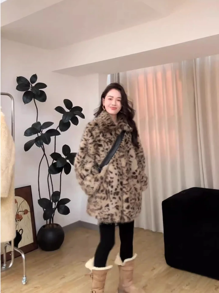 Fashion Y2k Leopard Print Plush Coat Women 2026 Fall/Winter New Large Lapel Furs One Med-Length Eco-Friendly Fur Jacket Outwear