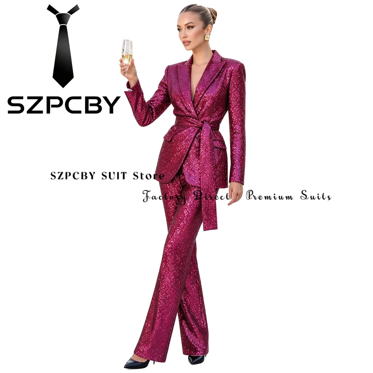 Sequin 2 Piece Pant Suits for Women with Belt Glitter Sparkly Shiny Club Night Tuxedo Outfits for Special Occasions