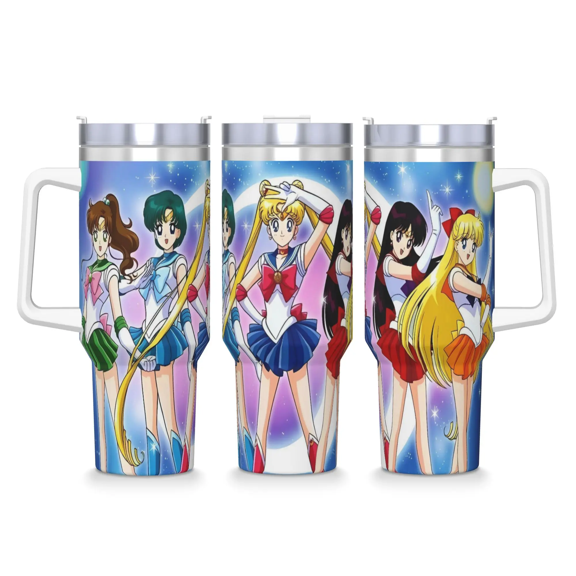 Sailor Moon Edelstahl-Thermobecher Camping-Thermobecher mit Strohhalmen Große Kapazität Kaltgetränke-Wasserflasche