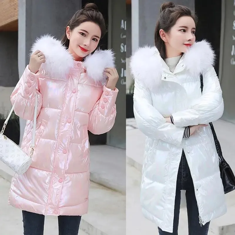 Hooded Fur Collar Women\'s Parka 2022 Winter New Mid-Length Jackets Shiny Glossy Down Padded Outwear Long Sleeve Female Fashion