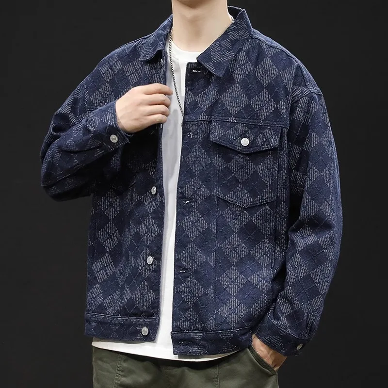 

Fashion cool checkered denim jacket for men spring and autumn new large size fashion brand men's loose casual men's cargo jacket