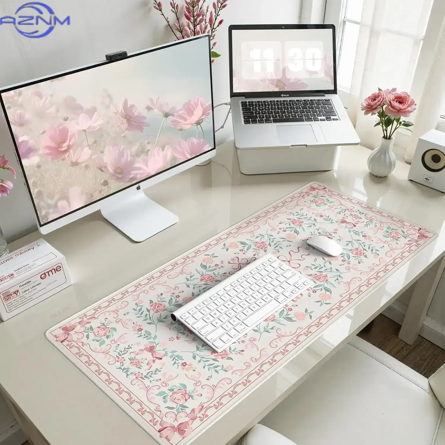Pink Bow Rose Cute Gaming Mouse Pad, Floral Vine Print Smooth Edge Non-slip Desk Mat for Gamers Home Office Wireless Mouse