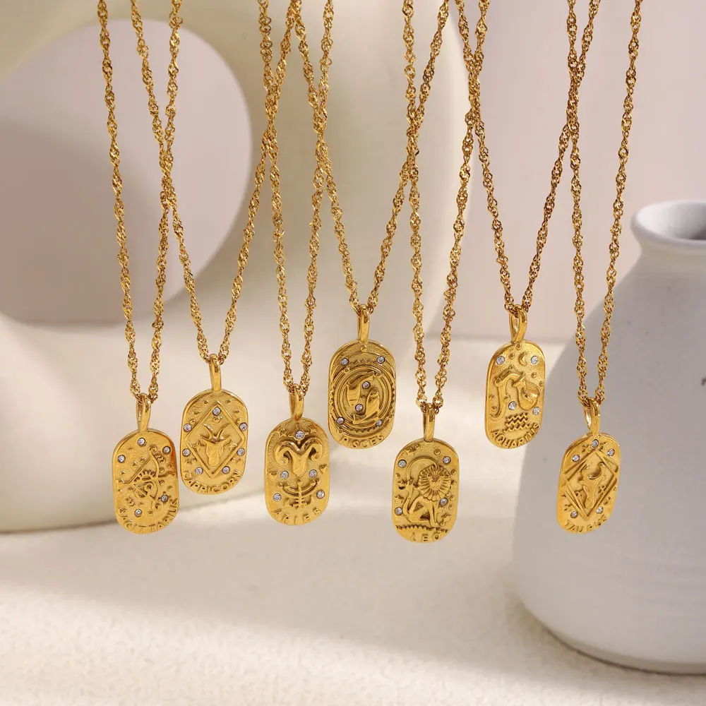 MamacitaSlay 316L Stainless Steel Zircon 12 Constellation Tarot Card Necklace 18K Gold Plated Waterproof Jewelry Women\'s Gifts