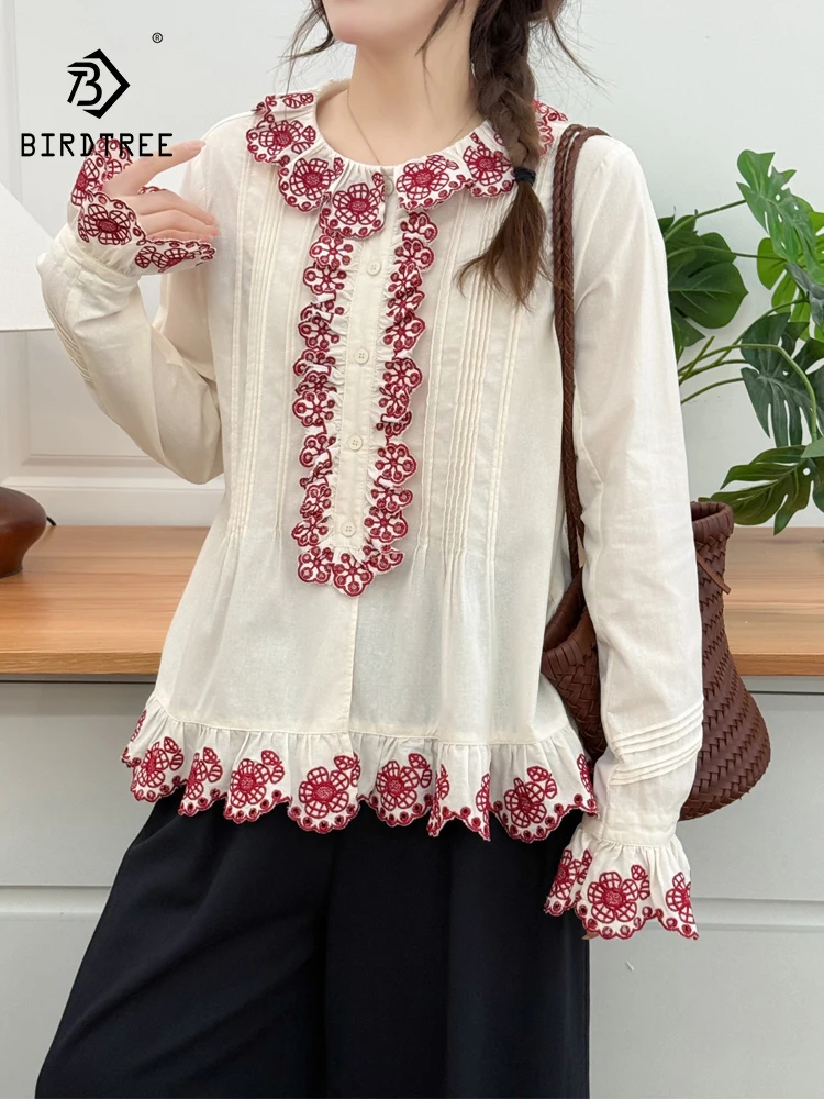 

Новая летняя женская хлопковая рубашка с длинным рукавом 2026 года, с рюшами, вышивкой и кружевом, в стиле Mori Girl, французская принцесса, свободная блузка T64122CC