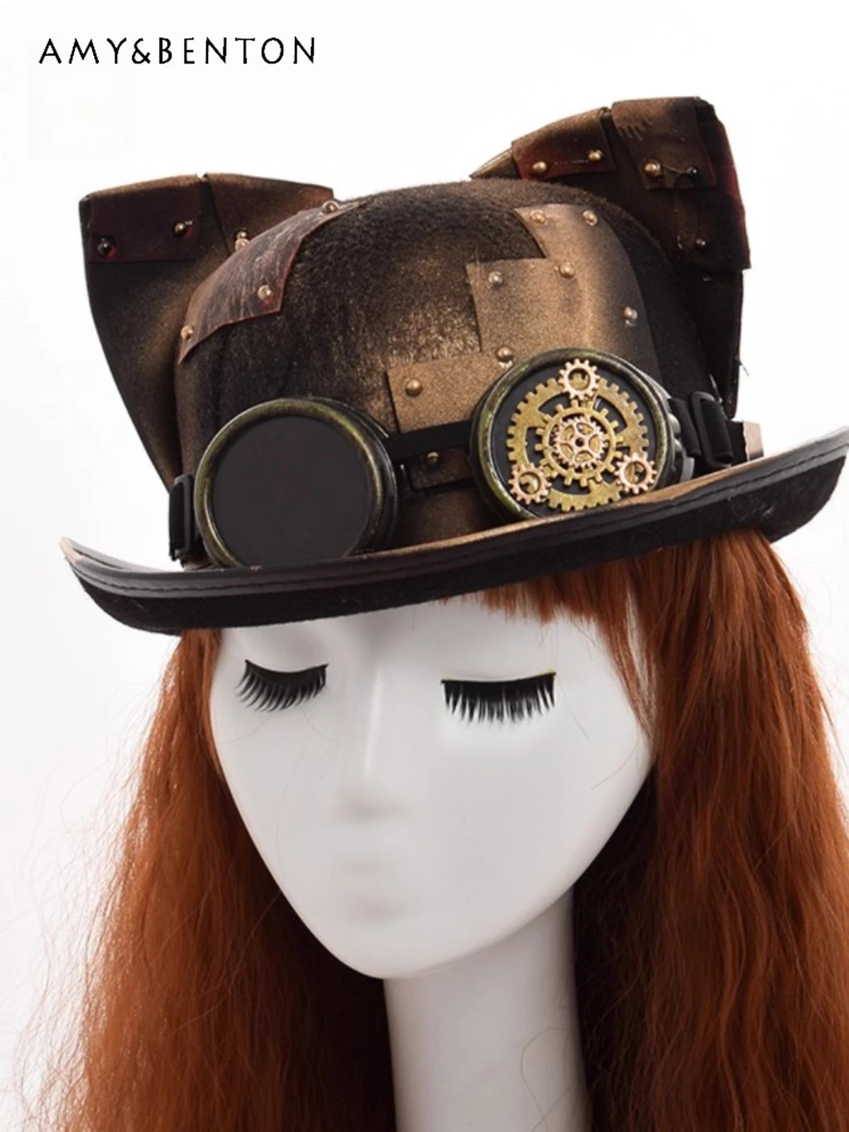 

2025 New Steampunk Street Retro Style Gear Top Hat Cat Ear Halloween Performance Shooting Prop Brown Hat