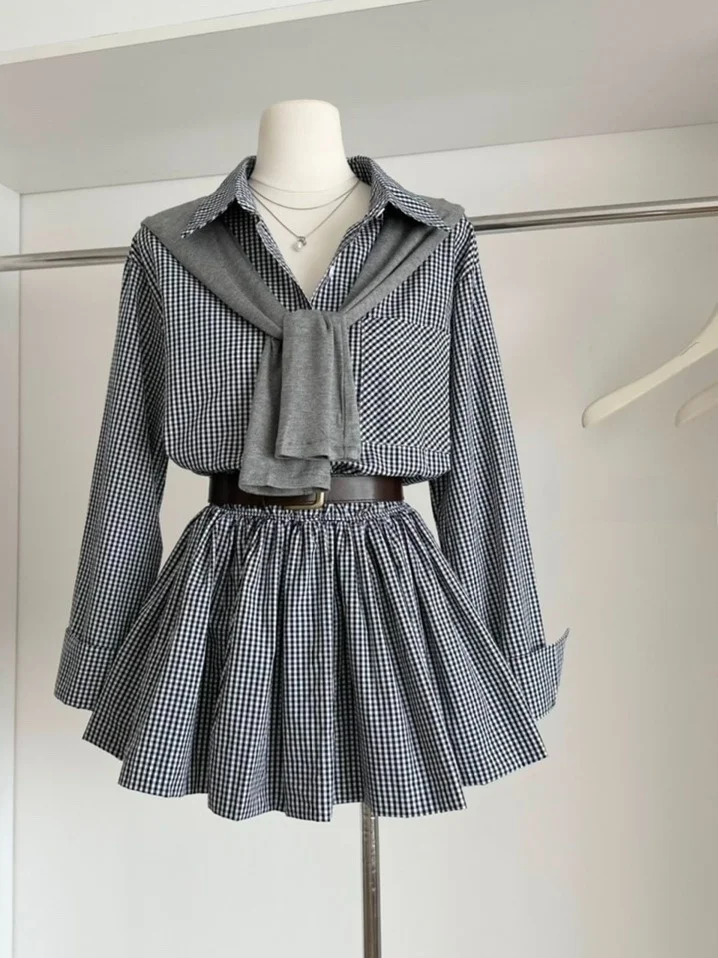 

Ele Plaid Long Sve Women's Dr Autumn New Sle Slimming Waistcoat plus Outer awl Faion College Sle Ensemble