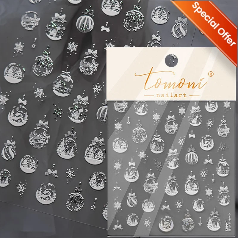 1pc 5D エンボスアクリルスノーフレークベルネイルステッカーゴールドシルバーパウダークリスマス粘着スライダーネイルステッカー