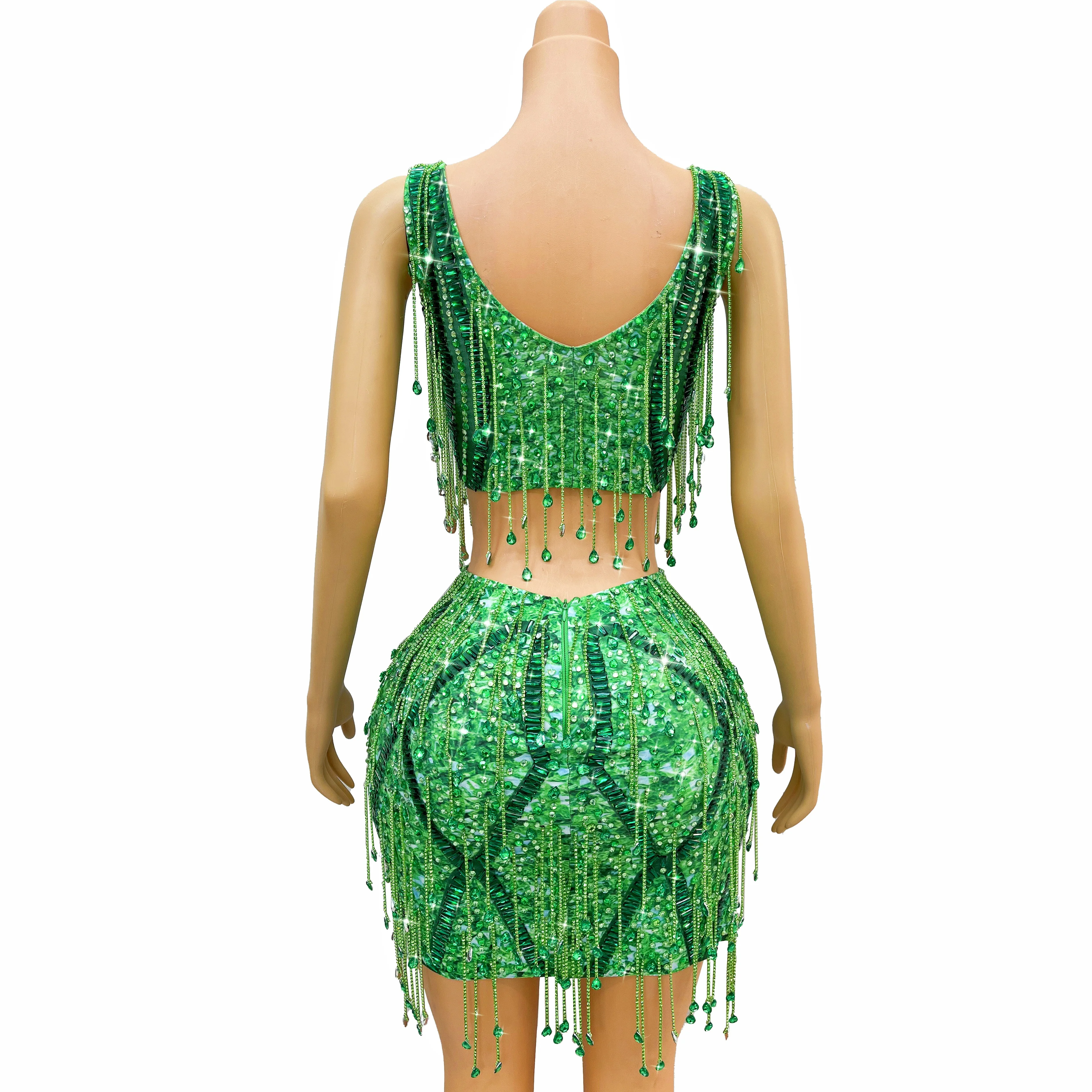 Green Flashing Rhinestone Crystal Chain Costume Dress Set Ladies Singer Birthday Celebration Costume Show caodi