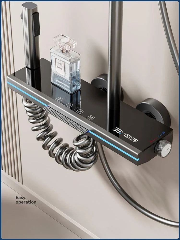 Piano Key 4 Function Water Outlet Rainlfall Shower System Bathroom Wall Mounted Intelligent Digital Display Shower Faucet Set