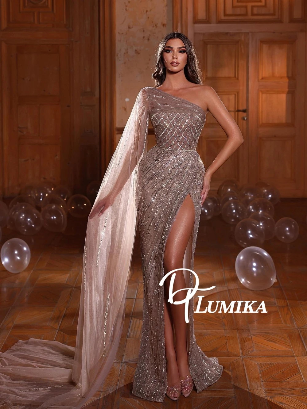 

DTLumika, расшитое бисером и блестками, вечернее платье с высоким разрезом и накидкой, шикарное длинное вечернее платье макси для выпускного вечера и гостей на свадьбу для женщин