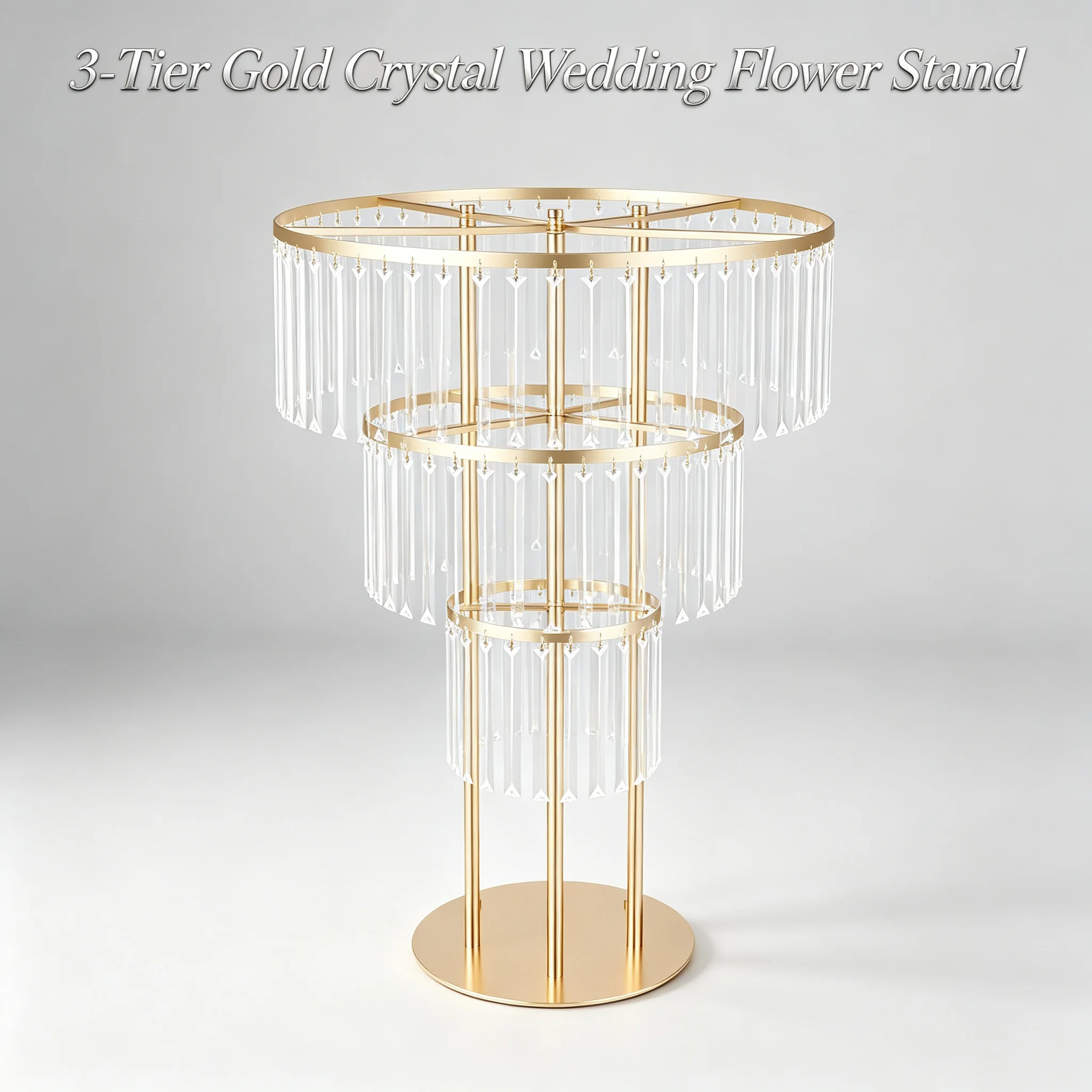 Wedding Gold Crystal Flower Stand 3-Tier, Round Pedestal Display Stand for Party Decor, 19.7