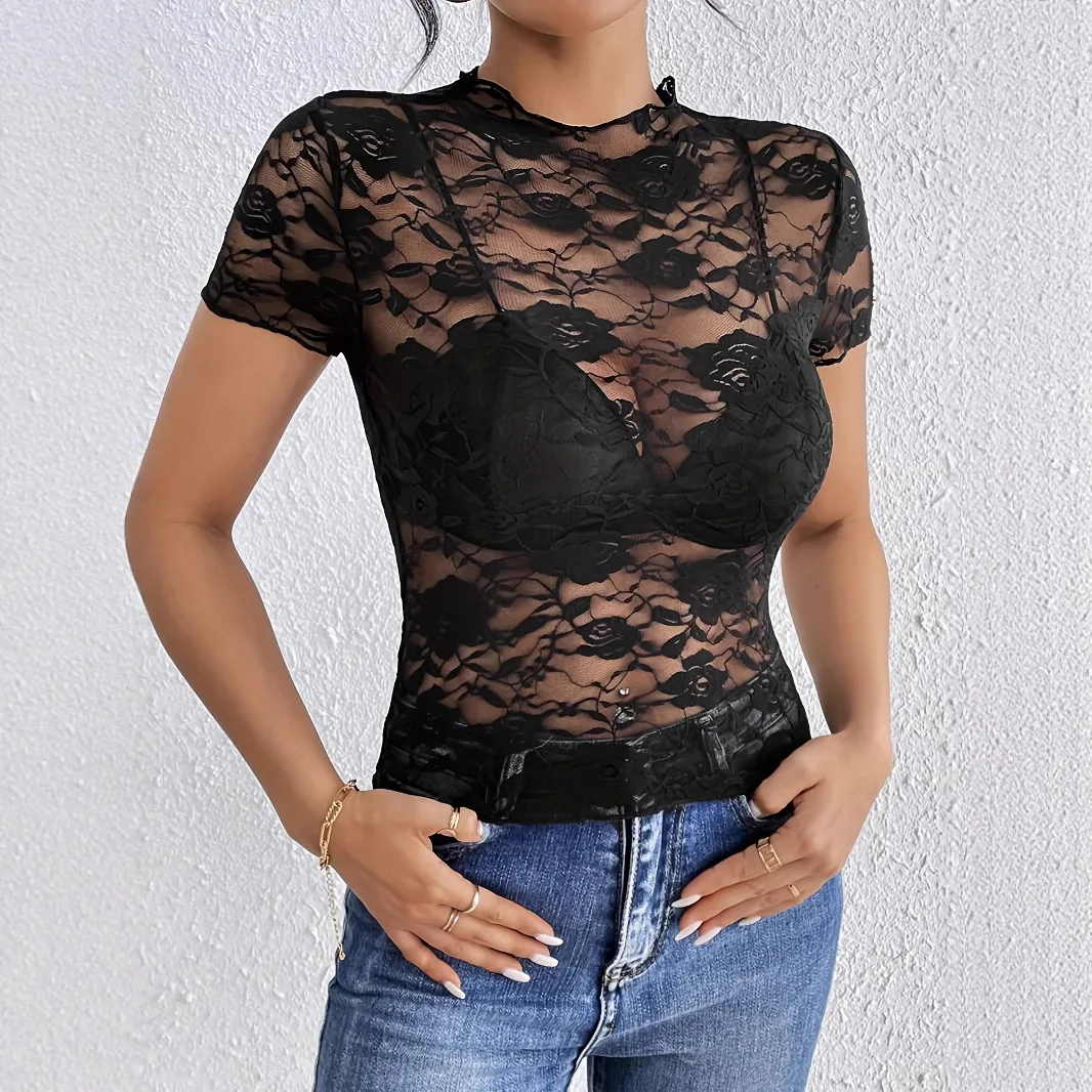 Cross-border Amazon 2026 Summer New Wooden Ear Edge Small Stand-up Collar Single-layer Lace Slim T-shirt Top Women's Cw75776