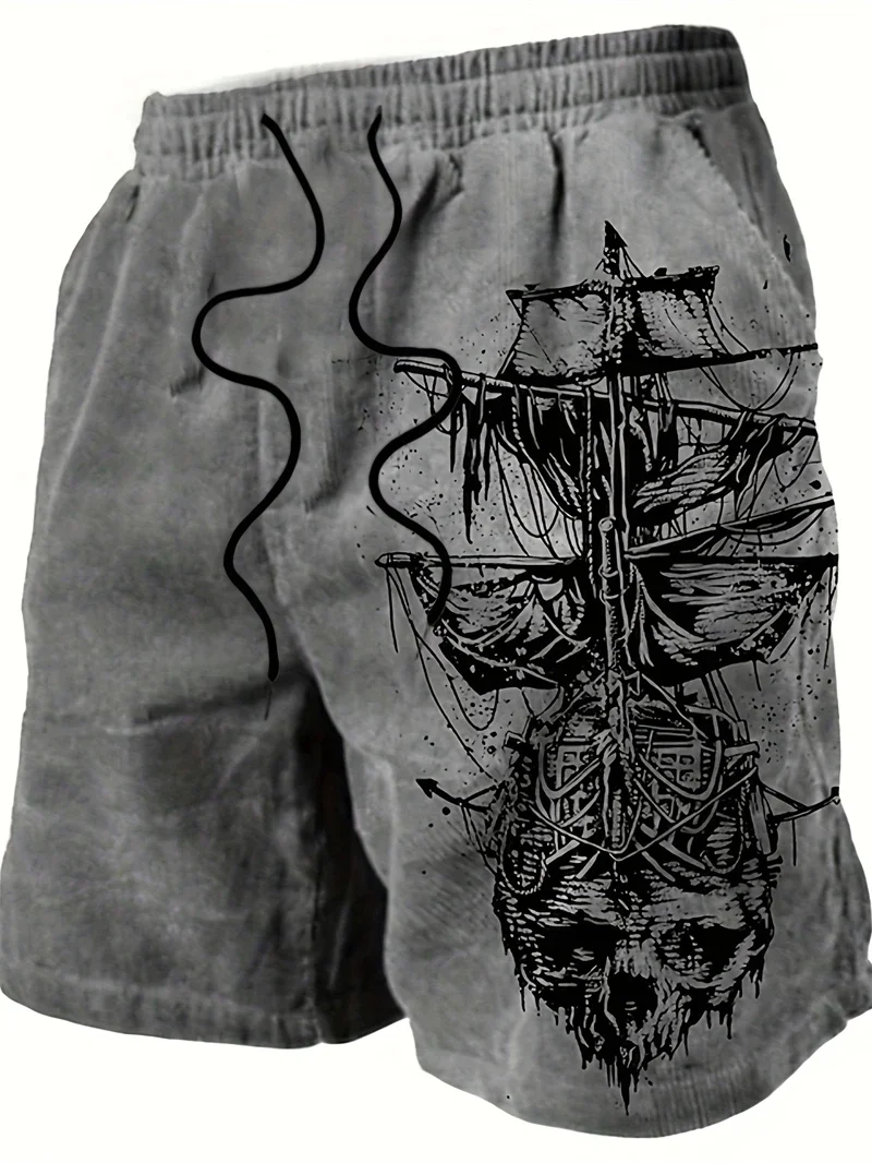 Men Vintage Nautical Pirate Ship Skull Swim Trunks, Quick Dark Sketch Graphic 3D Printed Boardshorts, Gothic Ocean Casual Summer