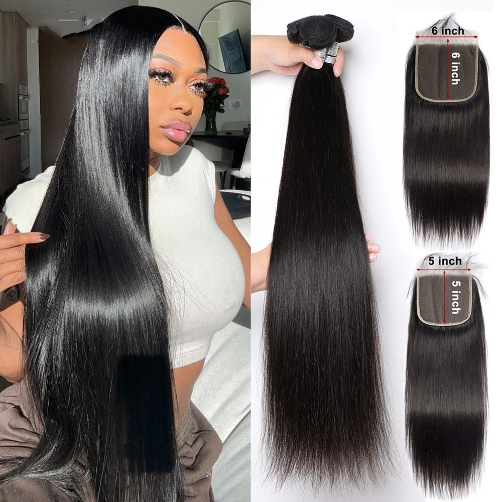 

5x5 6x6 Closure With Bundles 10A Straight Human Hair Bundles with Closure Virgin Raw Human Hair Weaving Bundles Hair Extensions