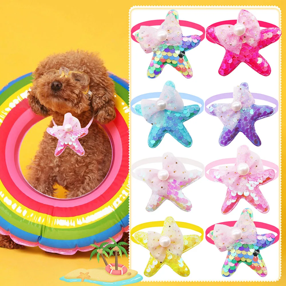 

10PCS Summer Dog Bows Starfish Shape Adjustable Pet Dog Bow Ties Sequin Pearl Dog Bowties Pet Puppy Bowties Grooming Accessories