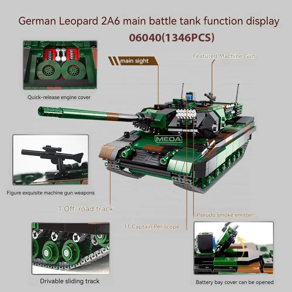 1:30scale Modern Military Tank Building Blocks WW2 German Armored Weapon Model Brick Leopard-2A6 Heavy Tank Assemble Bricks Toy