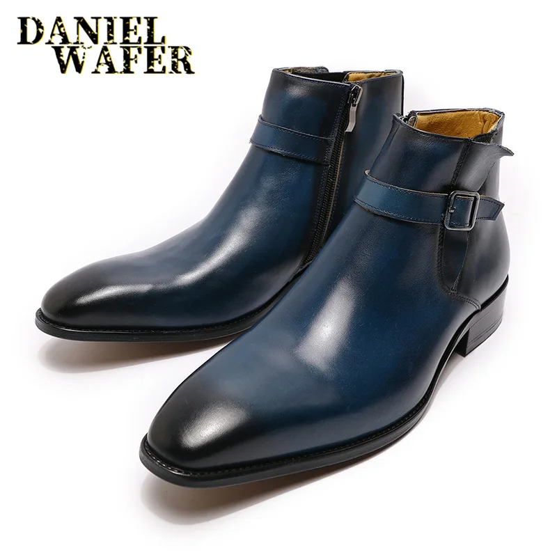 Botas de couro de alto grau masculino, preto, azul, zíper, fivela, bota de chelsea, escritório, casamento, vestido, sapatos de luxo