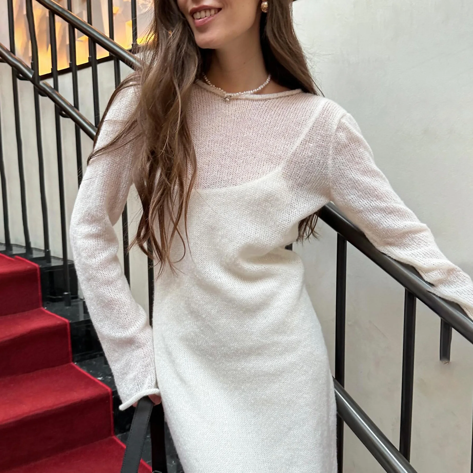 DSMTRC Women 2024 Elegant Chic Soft Lady Hollowing Sweater Dresses Femme New Spring Autumn O-Neck Elastic Knit Long Dresses