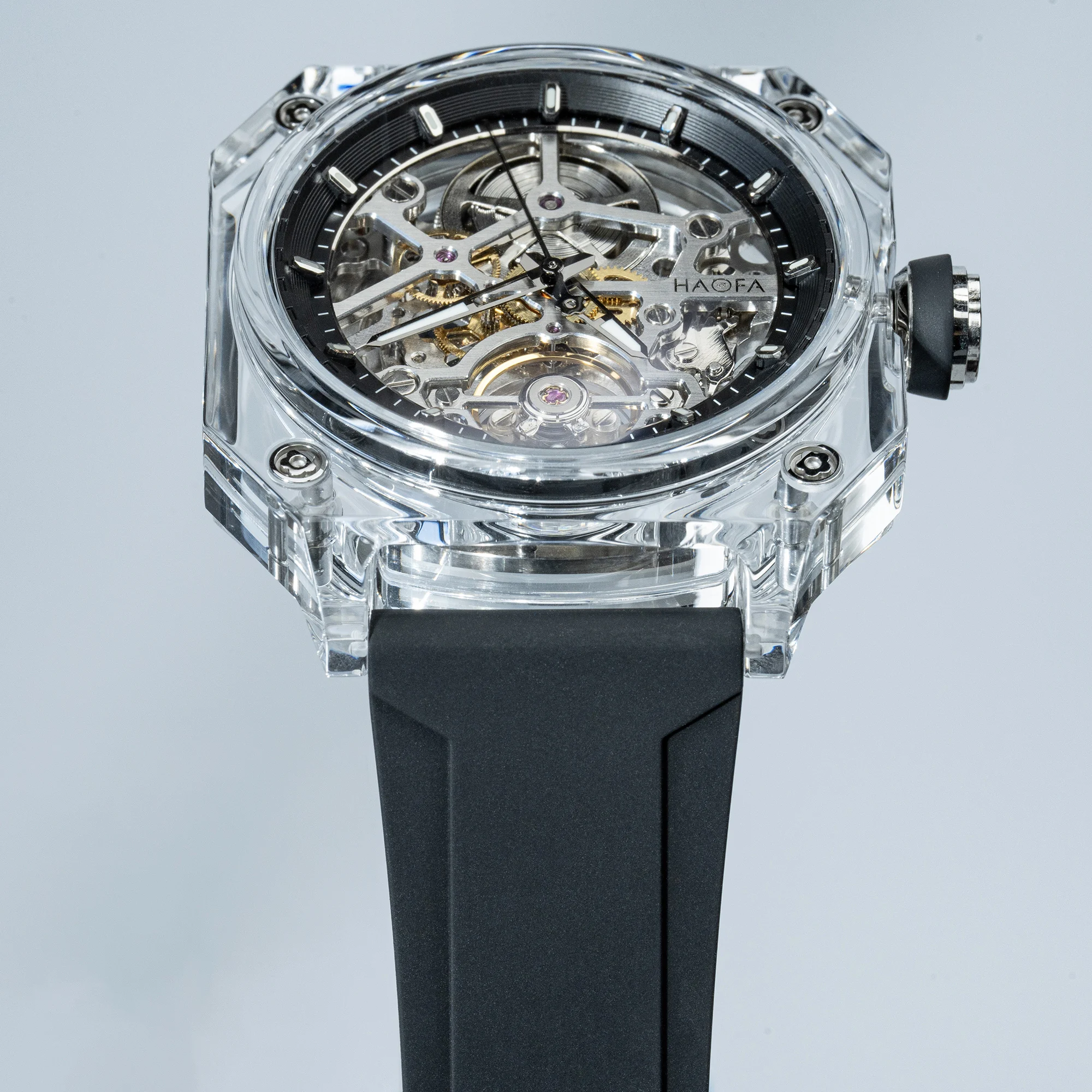Haofa Crystal Automatic Watch for Men Luxury Transparent Hollowing Waterproof Luminous Mechanical Square Mens Watch Casual 2208