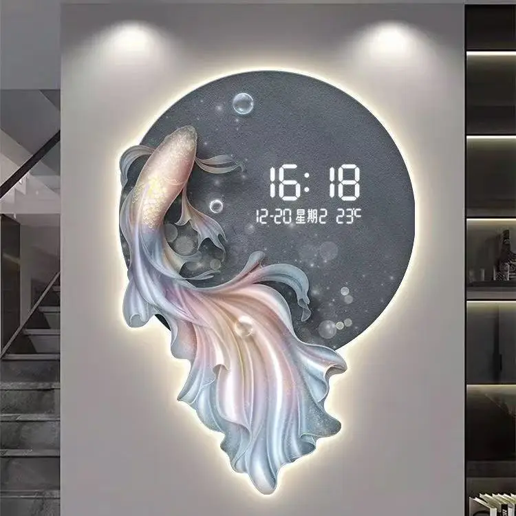 Electronic clock wall clock, restaurant decoration painting, New Year's fish, LED lights, watch wall, night vision clock
