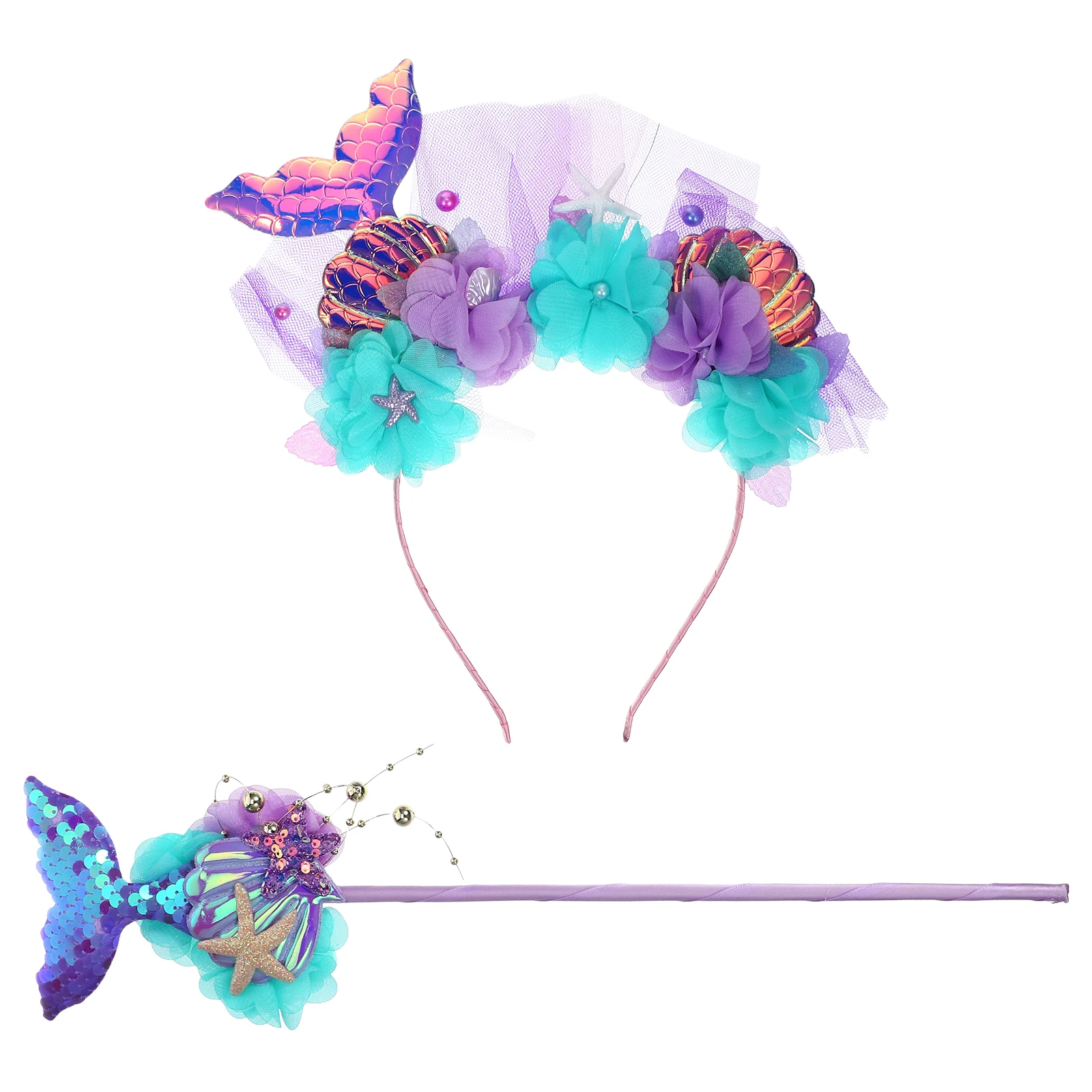 1 ชุดไม้กายสิทธิ์นางเงือกและที่คาดผม ทำด้วยมือ ทนทาน อุปกรณ์เสริมสำหรับงานปาร์ตี้ชุดนางเงือกสำหรับเด็กผู้หญิง เทศกาลคอสเพลย์ ที่คาดผมงานคาร์นิวัล