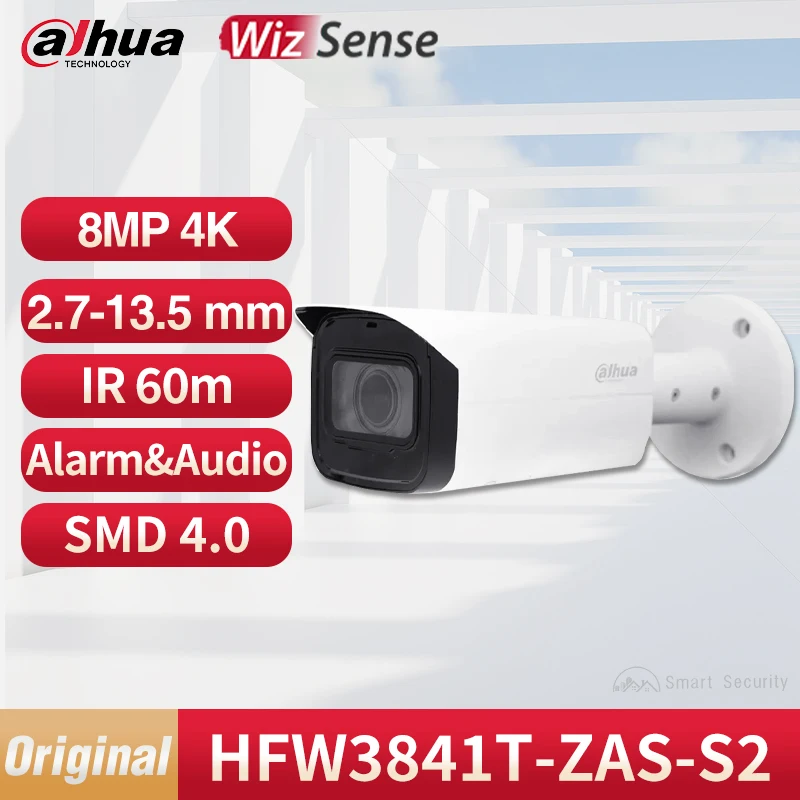 

Dahua Original 8MP Motorized Zoom Full Metal Camera 2.7-13.5 mm Samrt H.265+ IR 60m SMD 4.0 With Alarm Audio PoE HFW3841T-ZAS-S2