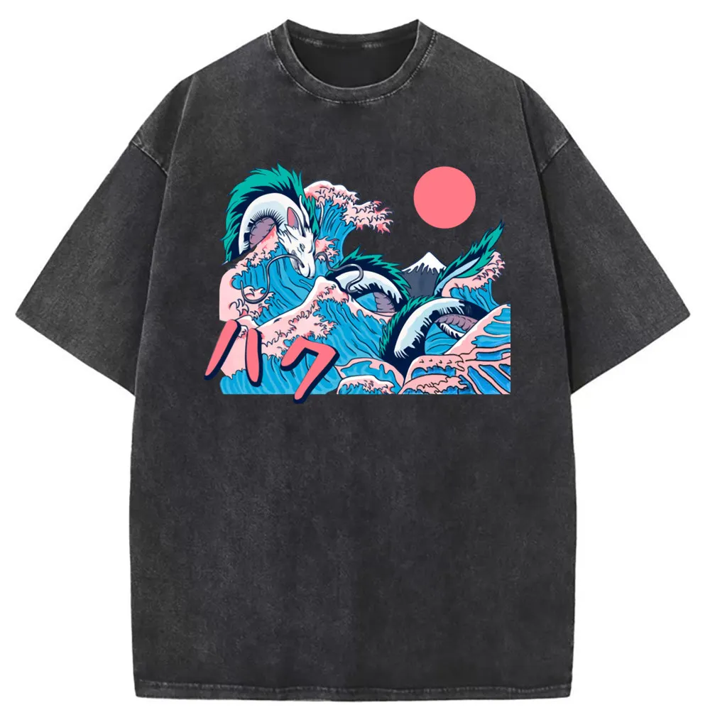 Japan Dragon Sea Wave Graphic Man T-shirts Vintage Cotton Sweatshirts Long Sleeve Tee Shirt Men Printed Washed Tshirts England