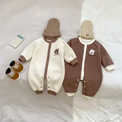 2024 Autumn Winter Baby Boys Jumpsuit Cotton Plus Velvet Bear Embroidery Warm Infant Boys Bodysuit Newborn Boys Rompers