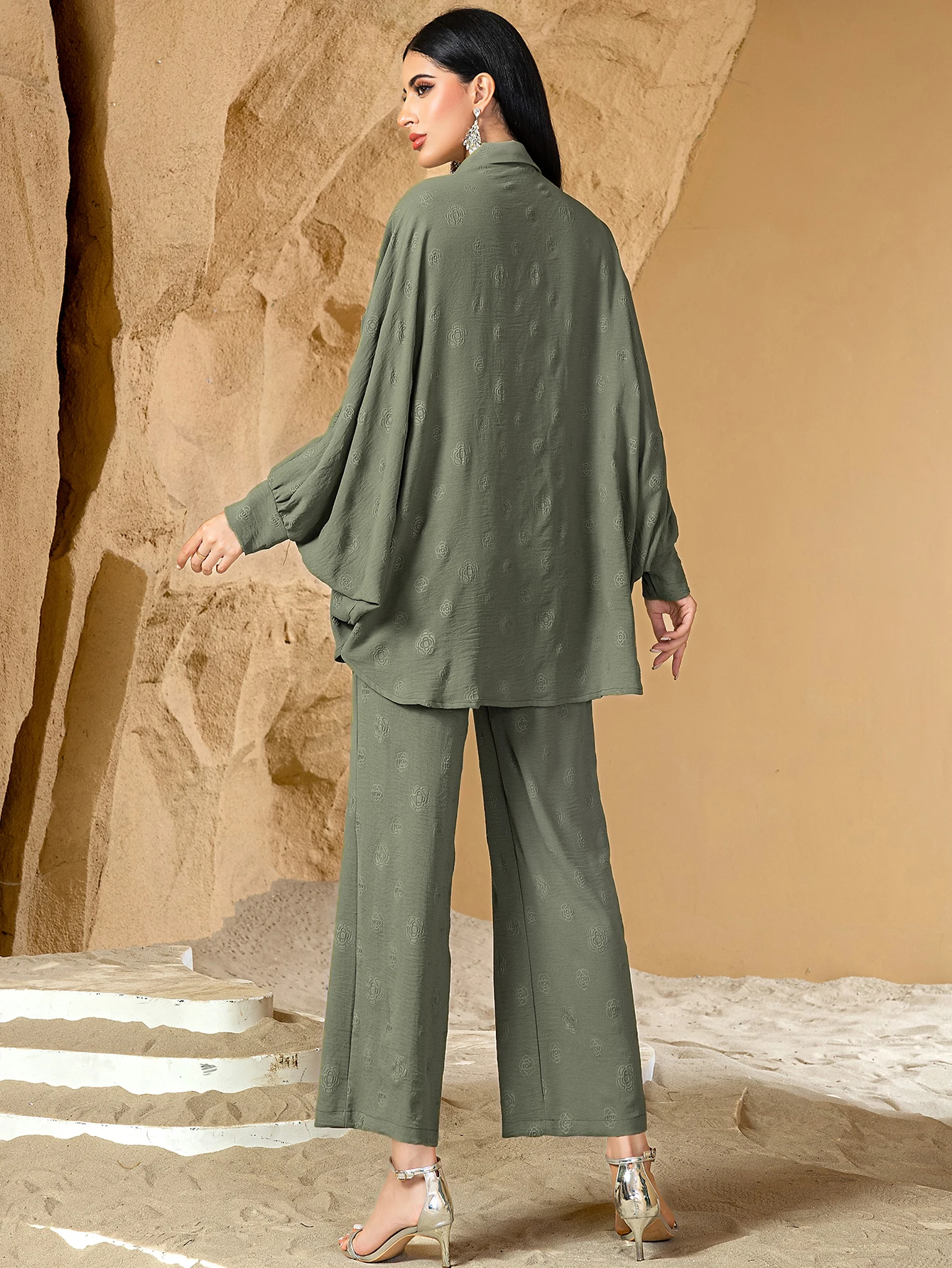 

Fashion Diamonds Long Sleeve Tops Pants 2Pcs Abaya Muslim Women Shirt Wide Leg Trousers Turkey Islamic Musulmane Femme Outfits