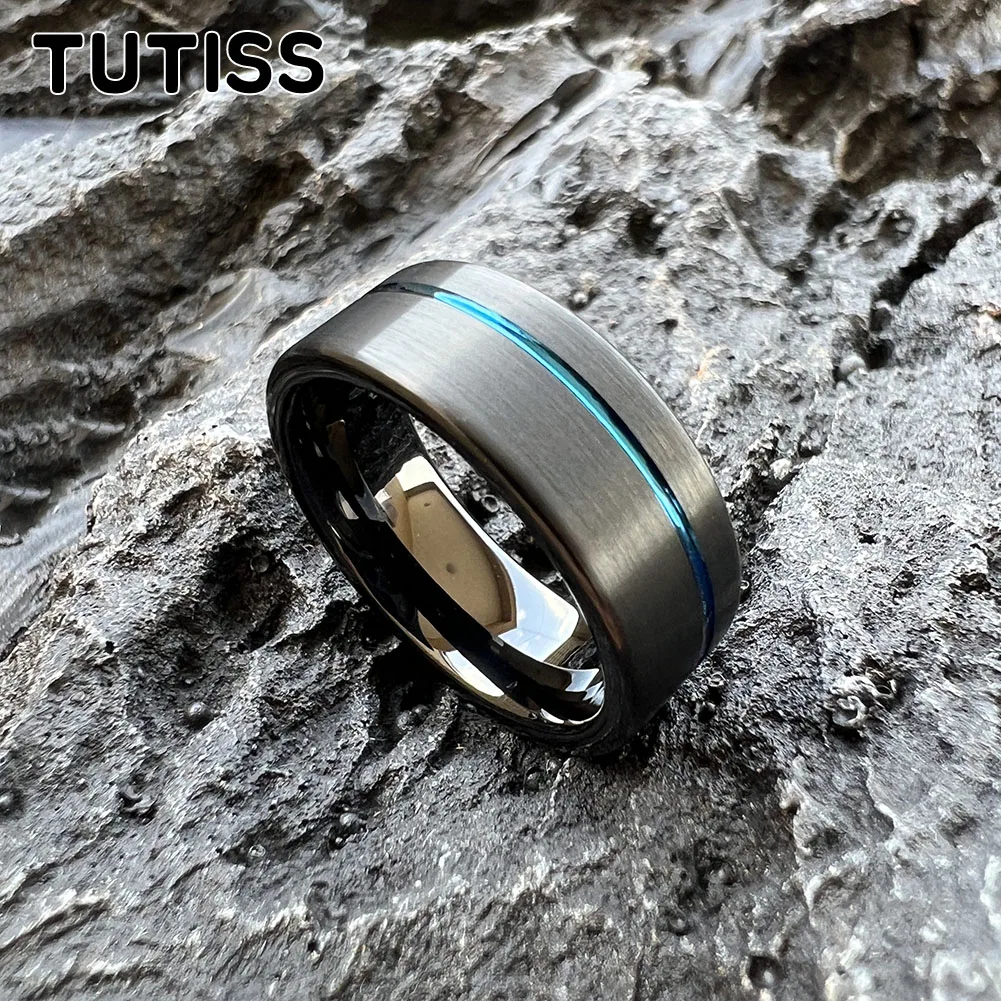 TUTISS-anel de carboneto de tungstênio para homens e mulheres, cor preto e azul, banda de casamento fashion, offset groove, acabamento escovado, 8mm